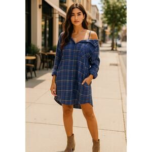 New Easel Los Angeles Oversized Off Shoulder Plaid Shirt Dress Cotton SZ M